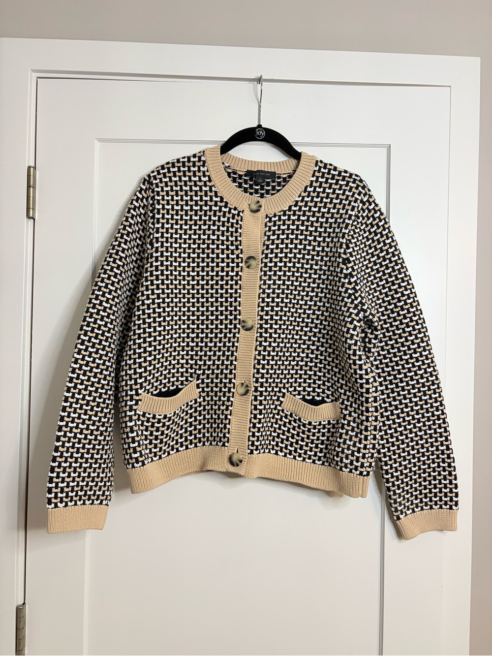 Ann Taylor Black Tan White Textured Knit Button Front Cardigan Sweater Size XL - Picture 2 of 11